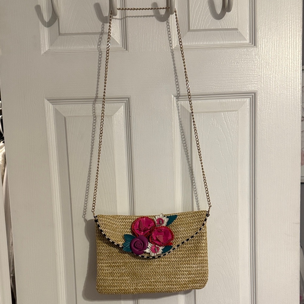 Betsey Johnson Straw Crossbody with Pink Floral Applique and Gold Chain